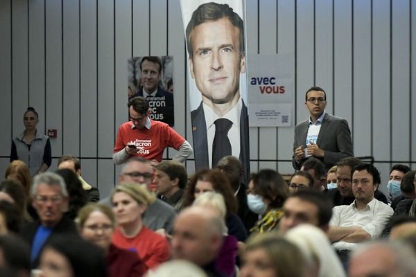 Meeting LREM , avril 2022. Emmanuel Macron mise notamment sur le Rhône pour asseoir sa victoire à l'élection présidentielle au cour des législatives des 12 et 19 juin 2022.