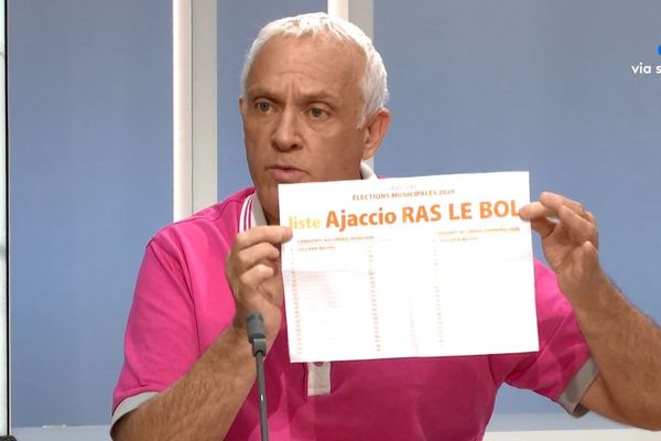 Michel Ciccada sur le plateau de France 3 Corse Viastella, brandissant son bulletin de vote