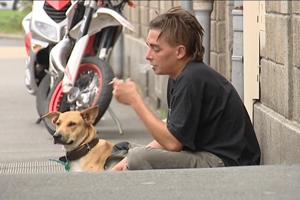 Un jeune homme mendiant, à Fougères (35).