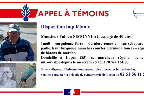 Fabien Simonneau a disparu depuis le 28 août à Luçon