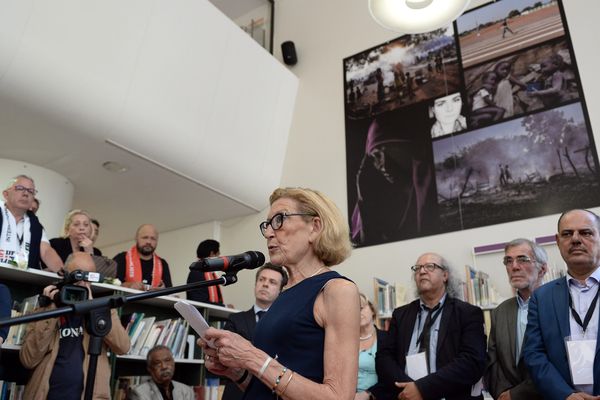 Maryvonne Lepage devant la plaque et l'oeuvre commémoratives en mémoire de sa fille, Camille Lepage, le 8 juin 2016.