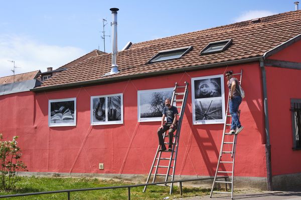 Pour cette première exposition en plein air proposée par une association d'habitants du quartier Cronenbourg de Strasbourg, tout support est le bienvenu pour accrocher des photos grand format.