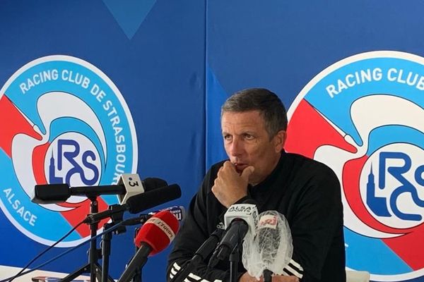 Thierry Laurey, l'entraîneur du Racing club de Strasbourg, lors d'un point presse le 29 juin 2020.