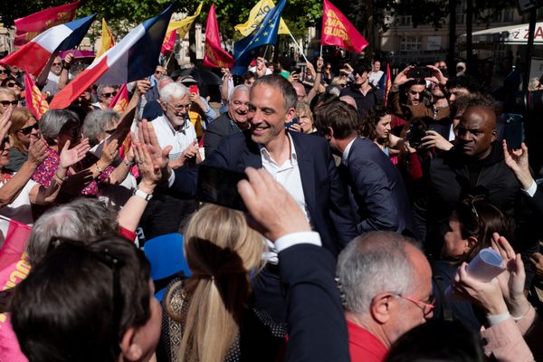 Raphaël Glucksmann en meeting pour les élections européennes à Montpellier le 18 mai 2024.