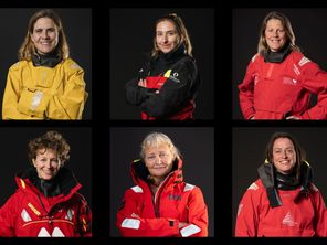 Les 6 skippeuses du Vendée Globe 2024 : Clarisse Cremer, Violette Dorange, Samantha Davies, Isabelle Joschke, Pip Hare et Justine Mettraux.