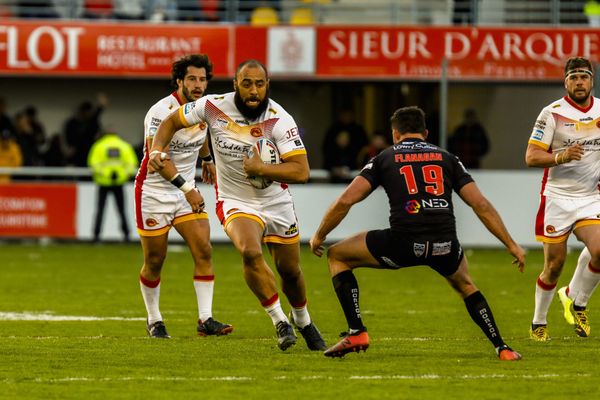 Les Dragons Catalans, lors de leur rencontre le 7 mars 2020 contre les Salford Red Devils.