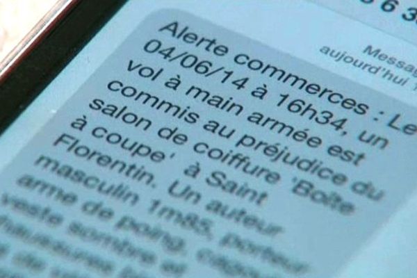 Voici le type de SMS que reçoivent les commerçants de l'Yonne, après un vol dans leur secteur.