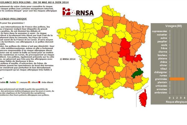 La carte des pollens du 31 mai au 6 juin 2014 : forte présence des graminées en Lorraine.