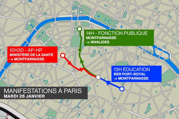 Carte des différents cortèges de manifestants dans les rues de Paris, mardi 26 janvier 2016.