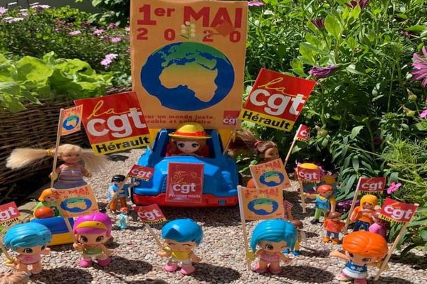 Montpellier - avec humour, la CGT de l'Hérault a organisé son défilé du 1er mai... dans le jardin - 2020.