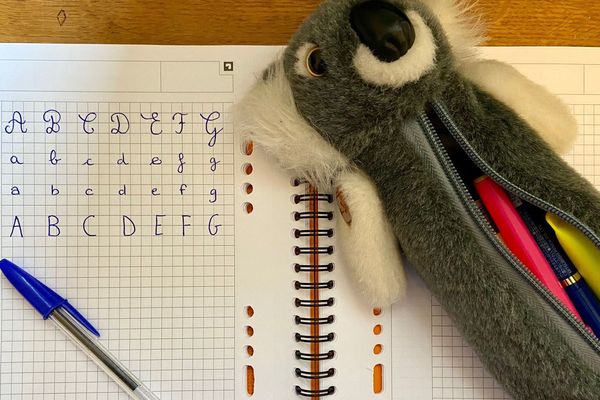 Un cahier et une trousse d'écolier. 