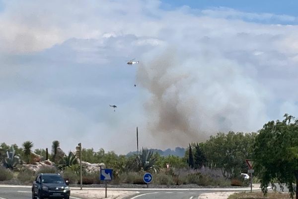 Deux hélicoptères bombardiers d'eau survolent le lieu de l'incendie, sur la commune de Sigean (Aude)