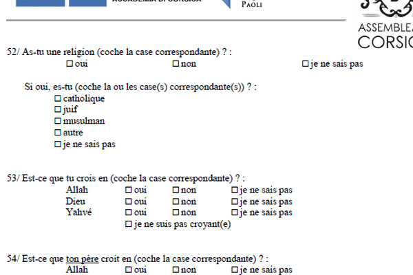 "Est-ce-que tu crois en Dieu, Allah, Yahvé?" Sur le plan religieux, les questionnaires diffusés par l'assemblée de Corse aux écoles, collèges et lycées de l'île font polémique.