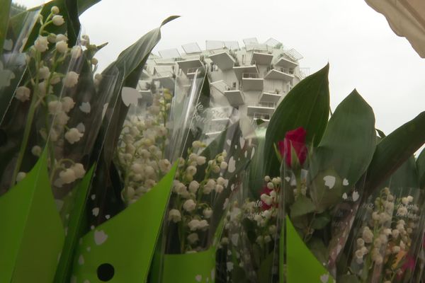 Bruno vend son muguet au pied de l'Arbre Blanc, immeuble emblématique de Montpellier.