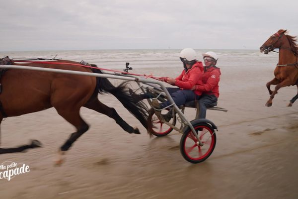 Avec Clémence Castel, Nahim s'essaie au sulky et drive un cheval sur la plage de Deauville.