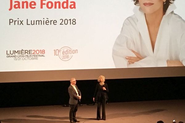 Jane Fonda lors de sa première apparition à Lyon aux côtés de Thierry Fremaux  