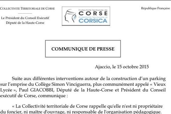 15/10/15 - Parking Gaudin : L'Assemblée de Corse renvoie la balle sur la mairie et le rectorat dans un communiqué