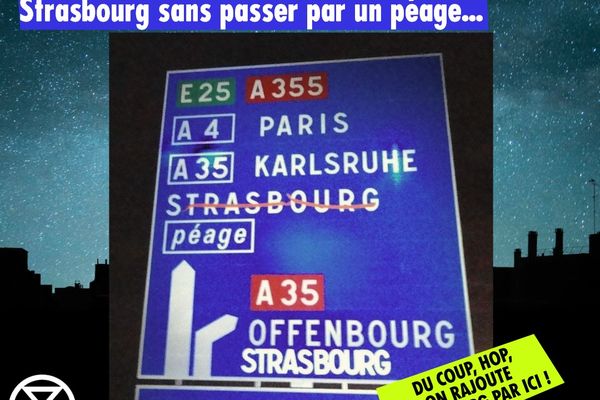 Des militants d'une association écologiste modifient un panneau autoroutier pour éviter aux automobilistes de passer par le contournement payant.