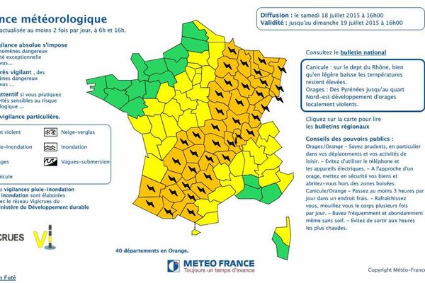 La carte de vigilance orange de Météo France valable jusqu'à dimanche 06H.