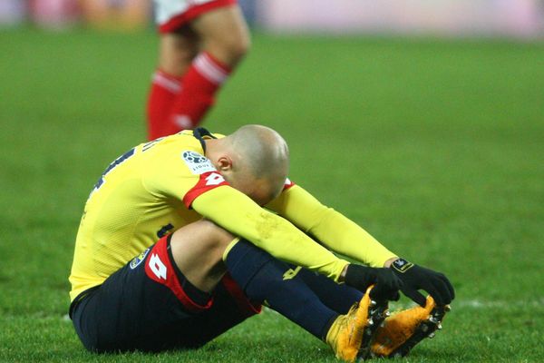 La déception de Thomas Guerbert lors de la 26eme journée de championnat de Ligue 2