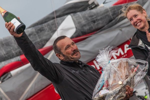 Lalou  Roucayrol, vainqueur de la transat Québec-Saint-Malo le 20 juillet 2016.