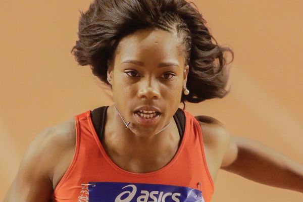 Stella Akakpo aux Championnats de France d'Athlétisme en salle, à Bordeaux, le 18 février.