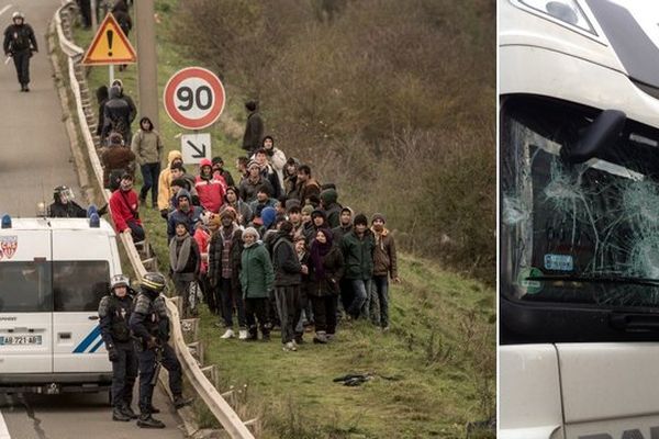 A gauche, des migrants et des policiers à Calais. A droite, un camion caillassé la nuit dernière. 