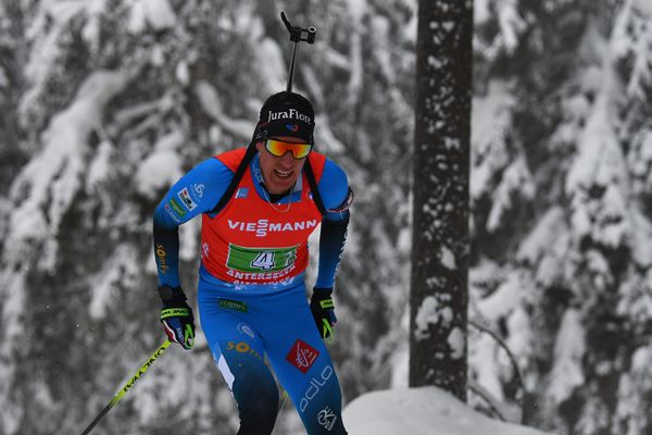 Quentin Fillon-Maillet lors de la Coupe du Monde de Biathlon à Anterselva - Antholz en 2021.