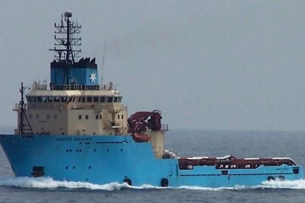 Le Maersk Searcher, l'une des deux coques qui a fait naufrage. Remorqueur ravitailleur offshore danois.