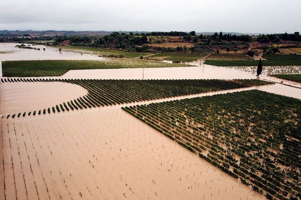 Image aérienne des inondations du 15 octobre 2018 dans l'Aude.