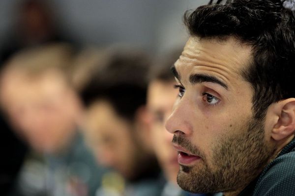 Martin Fourcade, leader du biathlon français, en conférence de presse avant le début des Mondiaux de Biathlon à Hochfilzen en Autriche. Février 2017