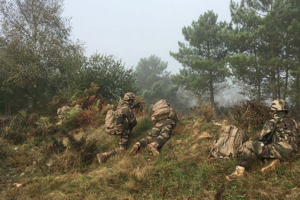 Des élèves officiers à la manœuvre dans le camp de Saint Cyr Coêtquidan