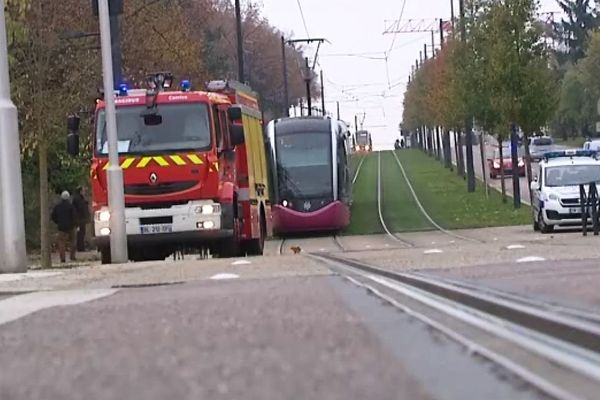 La rame de tramway immobilisée à hauteur du Parc des sports, à Dijon, mardi matin, 15 novembre