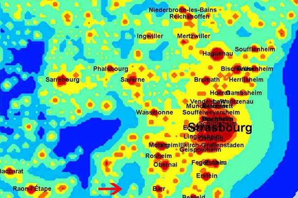 Carte de la pollution lumineuse en Alsace