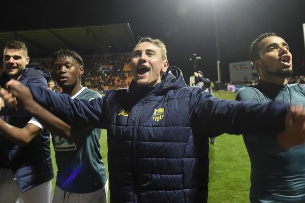 La joie des joueurs du FC Nantes après leur victoire face à l'AS Vitré, le  6 mars 2019