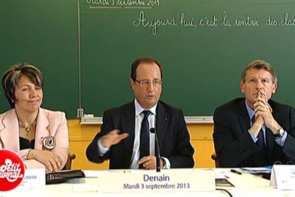 Anne-Lise Dufour, députée-maire de Denain aux côtés de François Hollande, à Denain, ce mardi. 