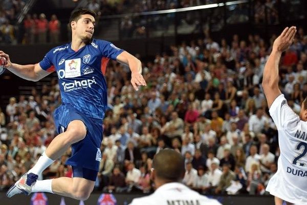 Le handballeur de Montpellier Mathieu Grebille, lors d'un match contre le Paris SG en mai 2015 à l'Arena de Montpellier.