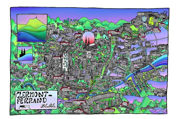 Un artiste a dessiné un plan de Clermont-Ferrand haut en couleurs.