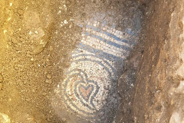 Un motif rare de mosaïque antique découverte sur le site de l'abbaye de Sorde, dimanche 13 octobre 2024.