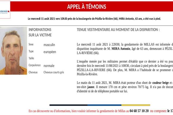 Pyrénées-Orientales : appel à témoin des gendarmes après la disparition d'un sexagénaire à Pézilla-la-Rivière.