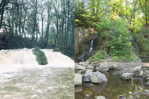 La cascade de Blangy en mars 2019 et en septembre 2020.