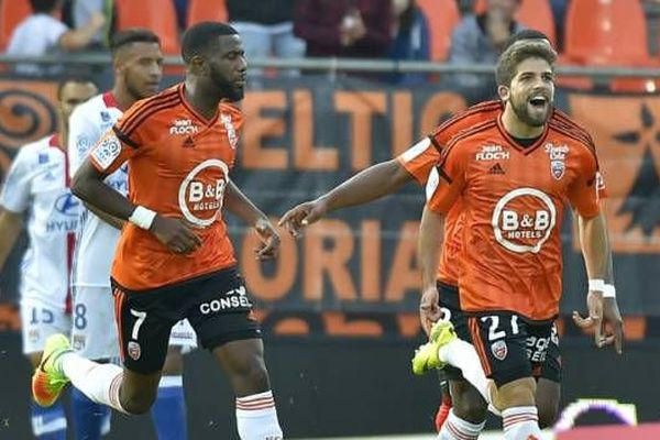 La joie de Jimmy Cabot, auteur du but de la victoire de Lorient contre Lyon, le 24 septembre 2016 au Moustoir 