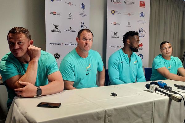 Une partie de l'équipe des Springboks en conférence de presse à Biguglia, en Haute-Corse.