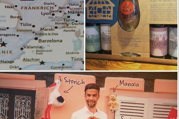 Une mappemonde en alsacien, un coffret de 4 bières et un ouvrage d'expressions illustrées