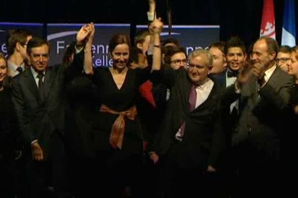 François Fillon, Jean-Pierre Raffarin et Jean-François Copé réuni pour la candidate UMP aux élections municipales de Strasbourg, Fabienne Keller