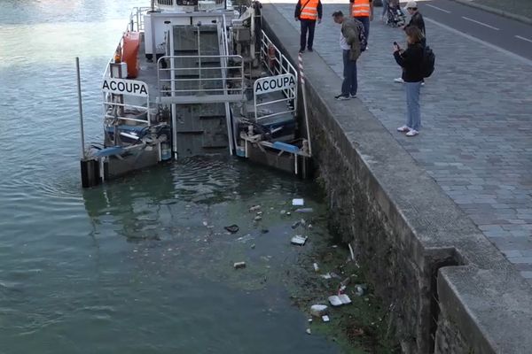 Chaque jour, un bateau passe le long des quais du canal de l'Ourcq pour ramasser les déchets