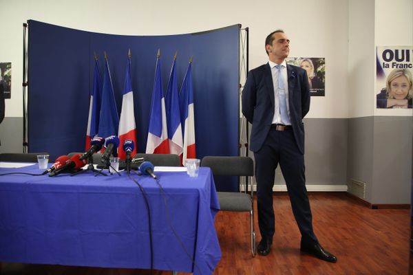 2019. Joris Hebrard, lors d'une conférence de presse de Marine Le Pen au siège de la Fédération RN à Carpentras (Vaucluse)