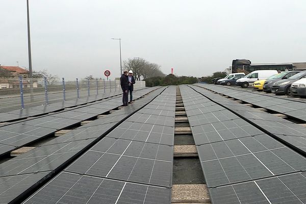 Près de 800 panneaux photovoltaïques installés sur une partie du parking de l'usine TMR à Thouars (79).