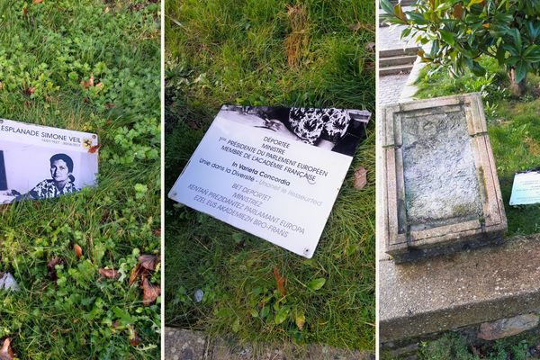 Ce qu'il reste de la stèle érigée à la mémoire de Simone Veil, à Lesneven. La photo fixée sur le support en pierre a été arrachée puis cassée en deux