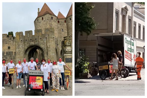 Le 12 juin, "l'Occitanie tour" de Carole Delga faisait étape à Carcassonne dans l'Aude (à gauche). Le matin même, les vélos avaient été livrés par camion (photo de droite).